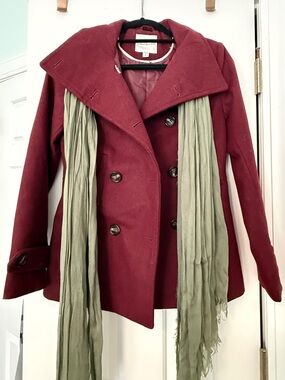Thread & Supply Maroon Double-Breasted Peacoat with Olive Scarf